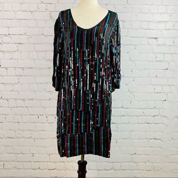 NEW! Anthro Elisa Rainbow Sequin Vertical Striped Shirt Dress - Picture 1 of 15